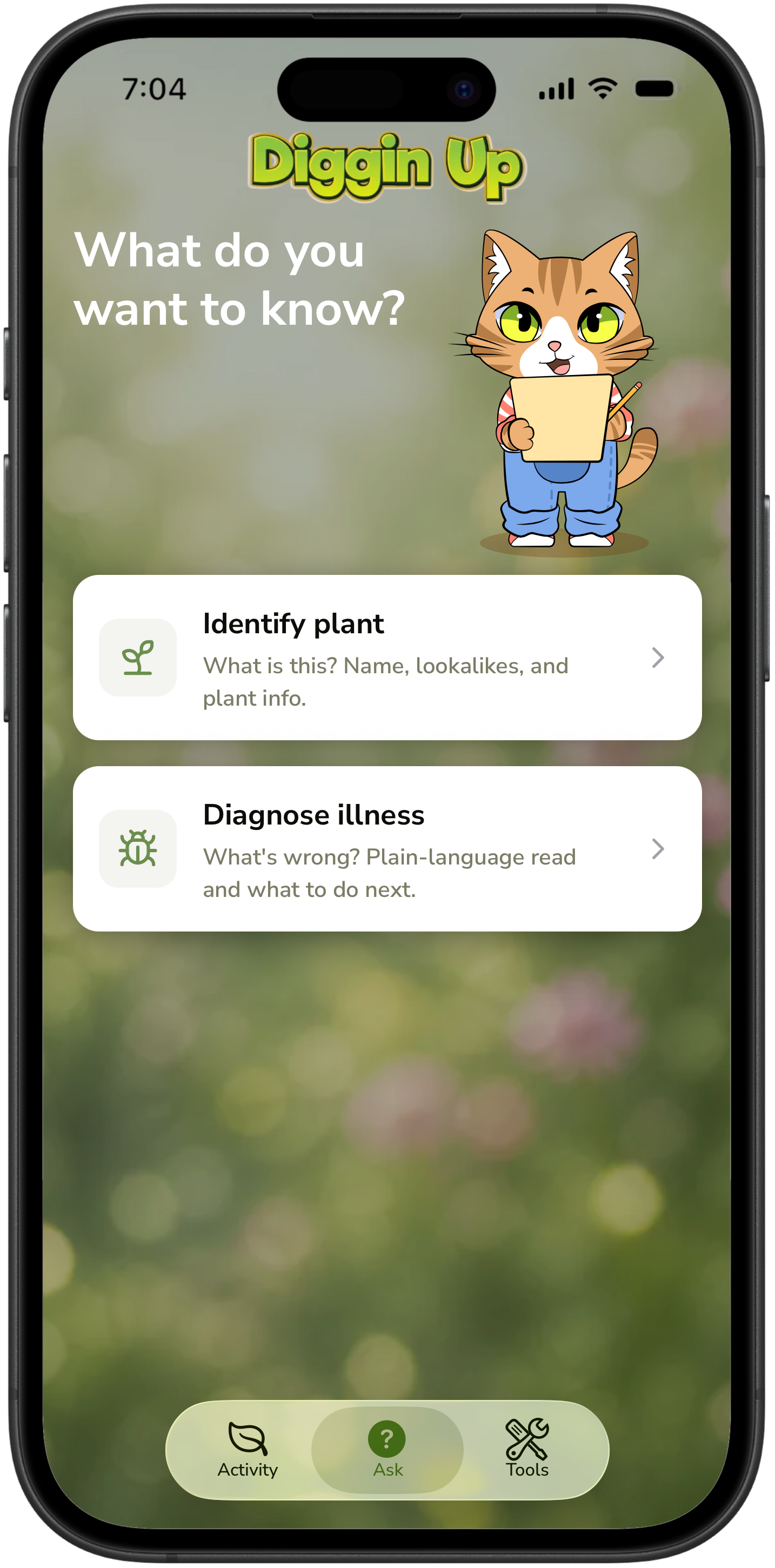 Diggin Up Ask screen: Identify plant or Diagnose illness